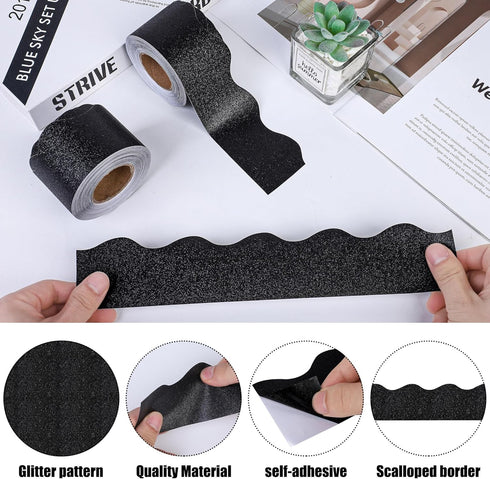 131 Ft Black Glitter Bulletin Board Borders Black Scalloped Bulletin Board Trims Shiny Decorative Border Trims Sparkle Self-Adhesive Bulletin Stic...