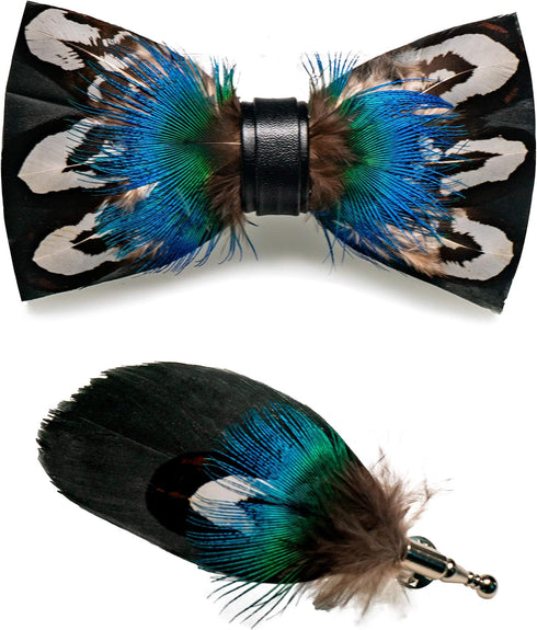 RBOCOTT Handmade Feather Pre-tied Bow tie and Brooch Sets for Men...