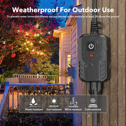 BN-LINK Outdoor Remote Control Outlet Plug Black,Indoor Wireless Outlet Switch Weatherproof Heavy Duty 15A 3-Prong Outlet 6-inch Cord 100Ft Range ...