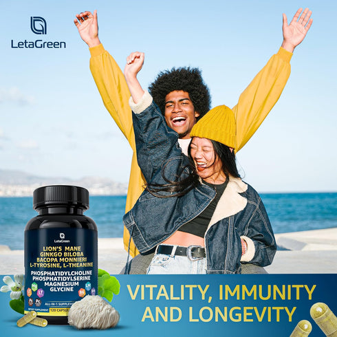 Organic Lions Mane Supplement Capsules - 120 Real Mushrooms Lion's Mane Capsules with Ginkgo Biloba Herb, Bacopa Monnieri - Nootropics Brain Suppo...