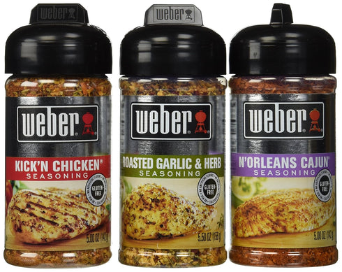 Weber All Natural Seasoning Blend 3 Flavor Variety Bundle: N'Orleans Cajun, Roasted Garlic Herb, and Kick'N Chicken, 5-5.5 Ounce...