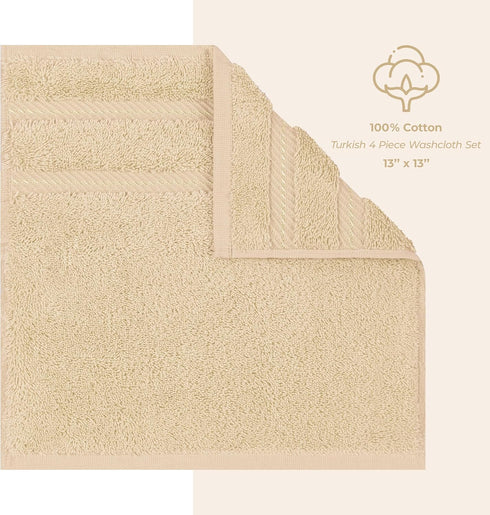 American Soft Linen Luxury Washcloths for Bathroom, 600 GSM 100% Cotton 4 Piece Turkish Wash Cloth Set, 13x13 in Soft Rags for Body and Face, Beig...