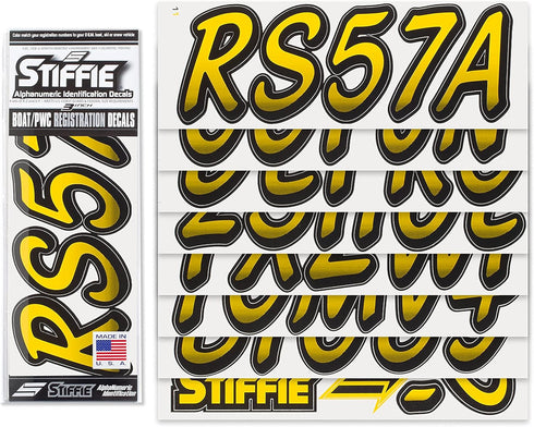 STIFFIE Whipline Yellow/Black 3" Boat & PWC Registration Decals • Numbers Letters Stickers...