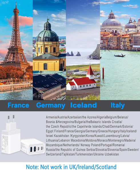 European Travel Plug Adapter, 40W 4-Port USB C Wall Charger Type C Fast Charging Block International Power Adapter US to Europe EU for iPhone 15 1...