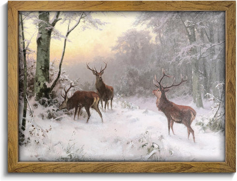 BANMU Winter Landscape Canvas Print Wall Art - Mystic Forest & Mountain Landscape with Deer Nature Wilderness Poster, Modern Art Rustic Scenic for...