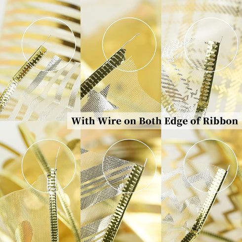 MEEDEE Gold Ribbon for Christmas Tree Decoration - 2.5 Inch, 6 Rolls, 36 Yards - Star and Stripe Wired Ribbon for Tree Garland and Crafts...