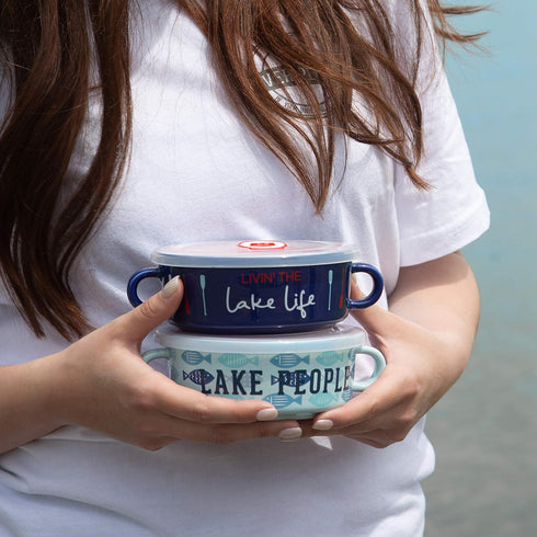 Pavilion Gift Company Livin' The River Life-13.5oz Stoneware Snack Soup Bowl with BPA Free Steam Release Lid, 13.5oz, Blue (Lake Life)...