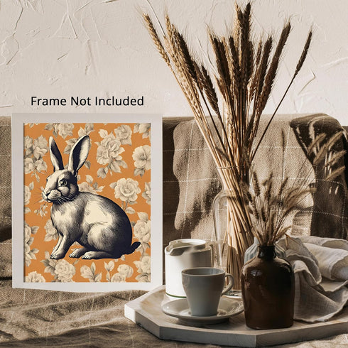 Posterizer 1 pcs-black and white bunny on a retro floral background-Art for Animal Lovers-GIft for Men Women Teens-Decor for Home & Office- unfram...