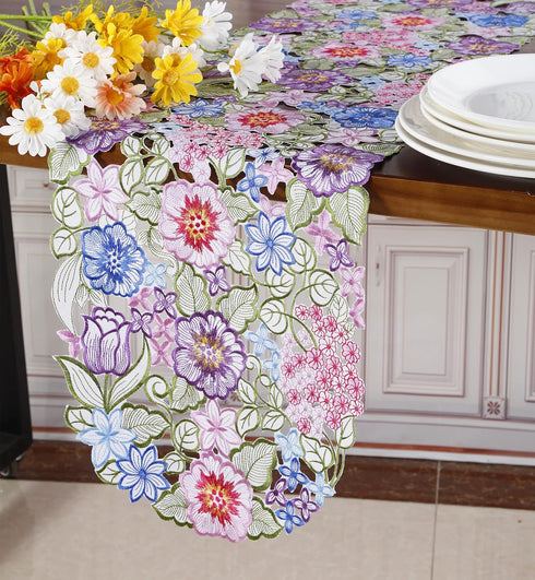 Flowery Table Runner 13"×54", Cutwork Embroidered Floral Flower Dresser Scarf for Home Kitchen Dining Tabletop Decoration (Runner 13"×54", Flower-...