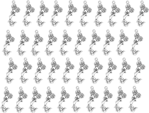 JGFinds Cheerleading Charms, Cheerleader with Pom-Poms - 50 Pieces, 28mm Length with a 1.7mm Hole, Silver Tone (50 Pc Cheerleader), for DIY Cheer ...