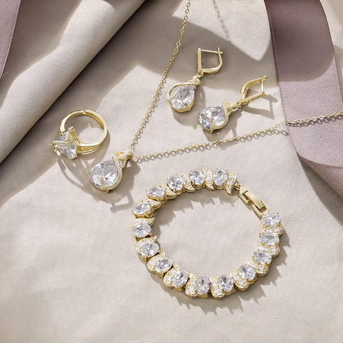 EVER FAITH Wedding Jewelry Set for Bride Bridesmaid, Glamour Teardrop Cubic Zirconia Pendant Necklace Earrings Tennis Bracelet Open Ring Sets for ...