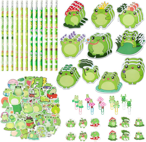 114Pcs Frog Stationery and School Supplies Set - Cute Summer Frog Sticky Notes, Paper Clip Bookmarks, Frog Decal Sticker and Pencils, Assorted Min...