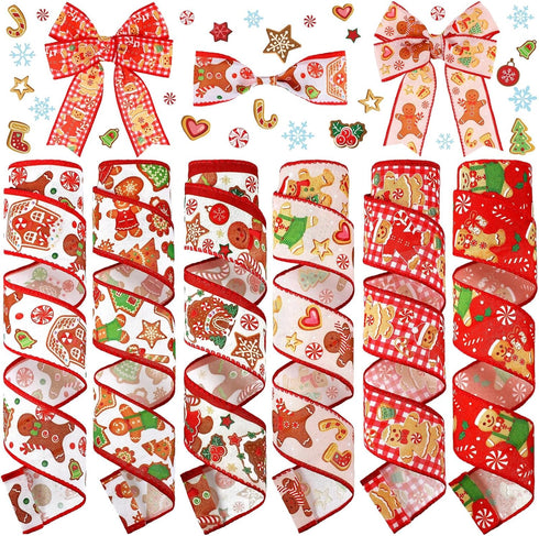 6 Rolls 30 Yards Christmas Wired Ribbon 2 Inch Gingerbread Christmas Ribbons Xmas Red Candy Cane Ribbon Swirl Burlap Gift Wrapping Ribbon for Chri...