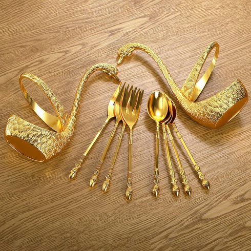 14 Pack Swan Base Holder with Coffee Spoon Forks, Gold Creative Dessert Flatware Set, Decorative Party Golden Serving Teaspoons for Stirring, Mixi...