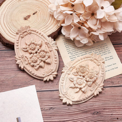 GORGECRAFT 2PCS Wooden Carved Onlay Appliques Oval Carving Decal Center Craft Unpainted Furniture Home Decoration Wood Carving Decal for Dresser B...