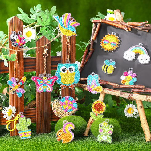 Inbagi 15 Pcs Spring Diamond Painting Keychains Spring Flower Diamond Art Keychains Spring Animal 5d Diamond Key Chains Ring Pendant DIY Diamond D...
