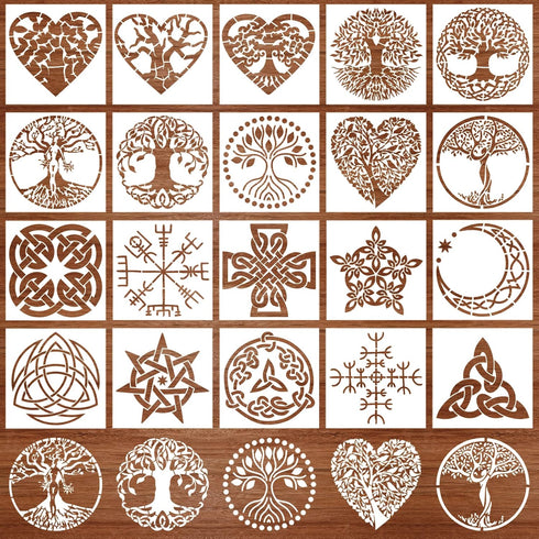 25 Pieces Tree of Life Pattern Stencils Decoration Template Plastic Tree Drawing Painting Stencils Square Reusable Stencils for Painting on Wood F...