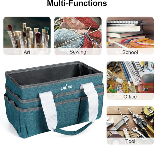 JJRING Craft Organizer Tote Bag for Art Storage, Caddy with Multiple Pockets, Bluish Green Sewing Bag for Scrapbooking, School, Medical, and Offic...