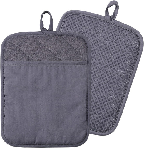 100% Cotton with Silicone Kitchen Everyday Basic Pot Holder Heat Resistant Coaster Potholder Oven Mitts with Pocket for Cooking and Baking Set of ...