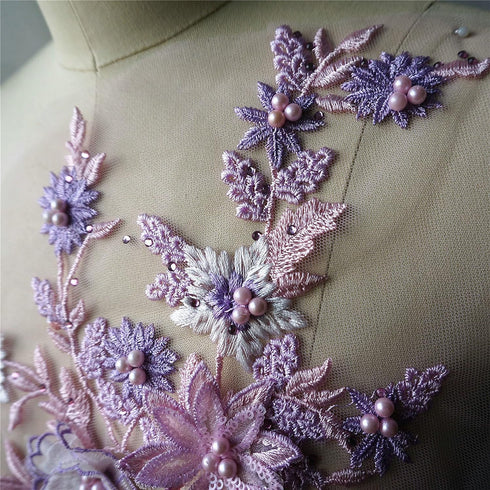 Lace Fabric 3D Flowers Appliques Beads Rhinestones Embroidery Sew Patch for DIY Wedding Decoration Dress (Pink+Purple)...