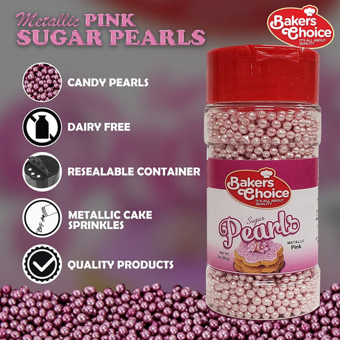 Baker's Choice Bakers Choice Edible Pearls - Metallic Pink Pearl Sprinkles - Edible Sugar Pearls - Dairy Free - Kosher - 3 oz....
