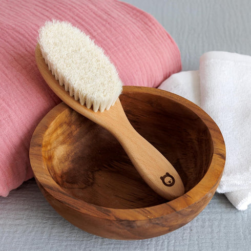 Soft Wooden Baby Hair Brush for Newborns & Toddlers in Chic Gift Box - Ultra Soft Natural Goat Hair - Perfect Registry Gift (Goat hair brush - Ova...