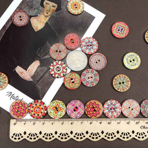 Wooden Buttons 100Pcs Round 2 Holes Old Fashioned Painted Flower for Sewing Crafting Colorful Patterns 0.78in...