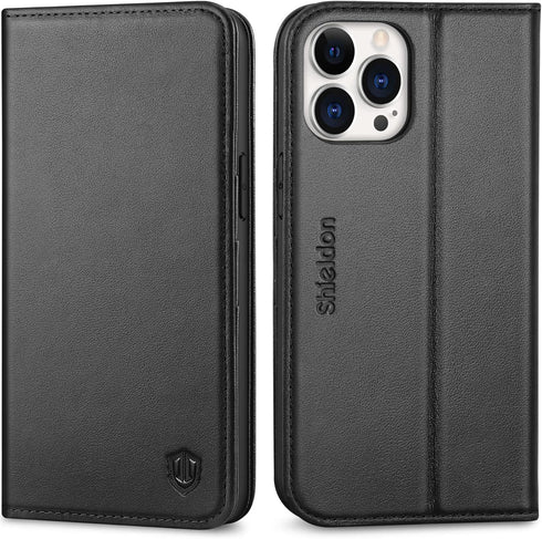 SHIELDON Case for iPhone 12 Pro Max 5G, Genuine Leather Wallet Case Magnetic RFID Blocking Card Holder Kickstand Shockproof Cover Compatible with ...