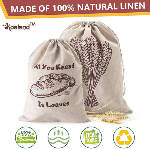 Linen Bread Bags, Pack of 4 Large and Extra Large Natural Unbleached Bread Bags, Reusable Drawstring Bag for Loaf, Homemade Artisan Bread Storage,...