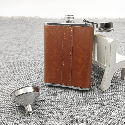 3oz Brown Red Leather Wrapped Hip Flask with a Funnel 18/8 Stainless Steel-YM102...