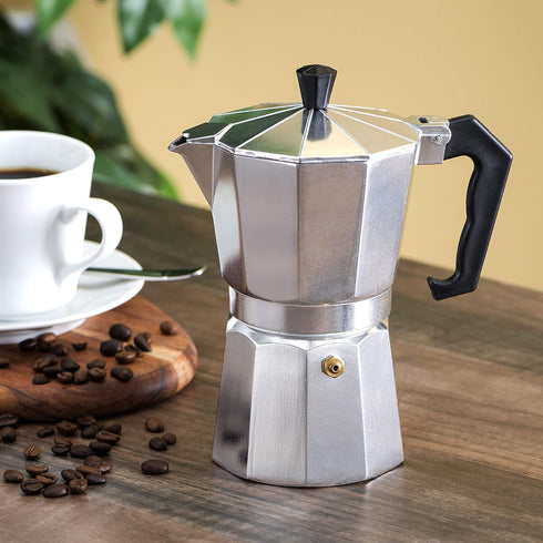 Authentic 6 Cup Demitasse Shot Aluminum Stovetop Espresso Maker by Home Basics | Safety Release Valve | Italian Style Moka Pot for Rich, Aromatic ...