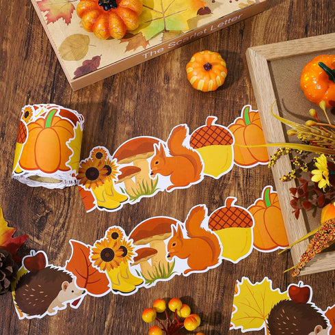 Whaline 66FT Fall Bulletin Board Borders Autumn Leaves Pumpkin Squirrel Hedgehog Sunflower Rain Boots Mushroom Border Trim Thanksgiving Bulletin B...
