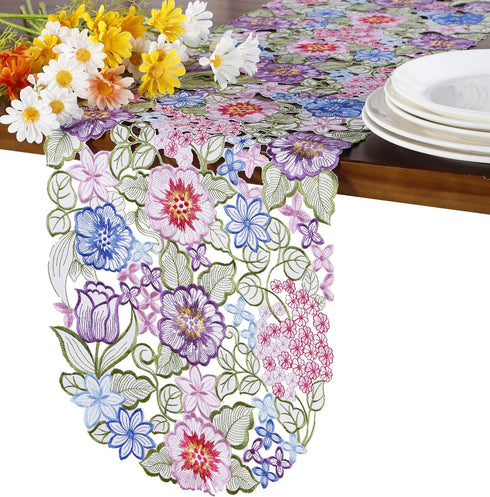 Flowery Table Runner 13"×54", Cutwork Embroidered Floral Flower Dresser Scarf for Home Kitchen Dining Tabletop Decoration (Runner 13"×54", Flower-...