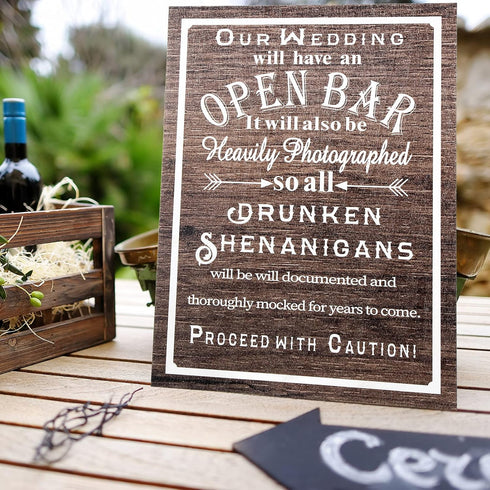 Jetec Open Bar Wedding Sign Wedding Party Funny Wood Bar Sign for Your Reception Party Hanging Wooden Rustic Farmhouse Decoration (Spelling Error ...
