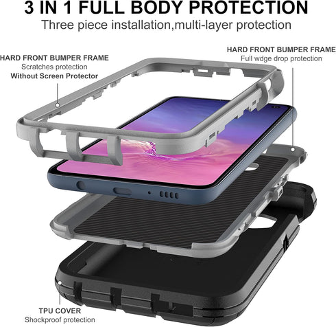 Galaxy S10E Case: 3-in-1 Shockproof Heavy Duty Protection, 2 Nano Explosion-Proof Films, Black/Grey...