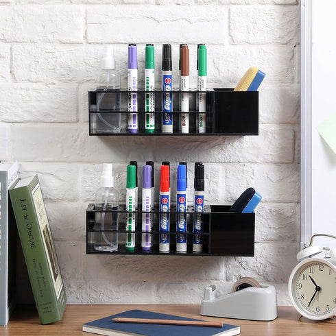 MyGift Dry Erase Marker Holder for Whiteboard, Black Clear Acrylic Marker and Accessories Storage Rack for Eraser and Cleaning Bottles, Set of 2...