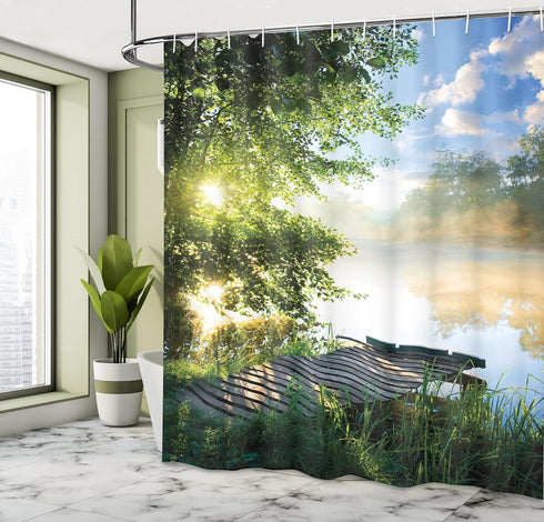 Ambesonne Landscape Shower Curtain, Fishing Pier by River in The Morning Clouds and Trees Nature Image, Cloth Fabric Bathroom Decor Set with Hooks...