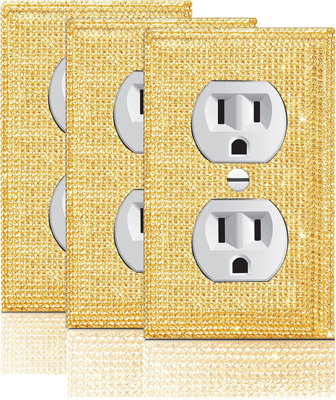 Gaocai 3 Pcs Silver Shiny Golden Rhinestones Light Switch Cover Plate Outlet Covers Durable Silver Rhinestone Wall Plate Cover Decorative Switch P...