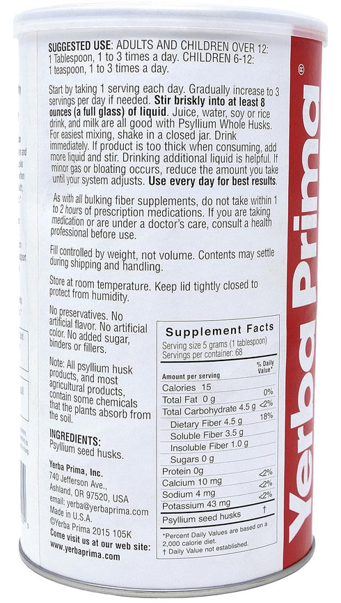 Yerba Prima Psyllium Husk, 12 Ounce - Whole Husk Fiber Supplement, Vegan, No Sugar or Artificial Sweeteners, Non GMO, Gluten Free...