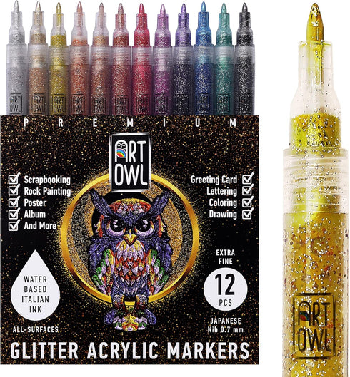 Acrylic Glitter Paint Marker Pens, Ultra Fine Point 0.7mm - Sparkle Paint Pens for Rock Painting, Stone, Ceramic Glass, Wood, Card Stock, Canvas, ...