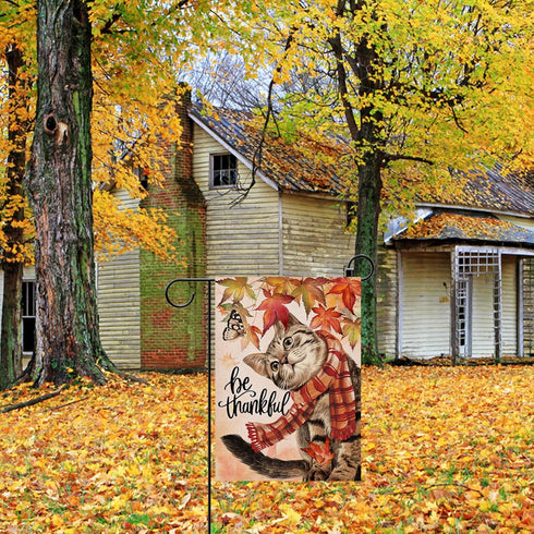 Be Thankful Cat Home Decorative Fall Garden Flag, Autumn Yard Lawn Maple Leaves Outside Decor, Thanksgiving Farmhouse Outdoor Small Burlap Decorat...