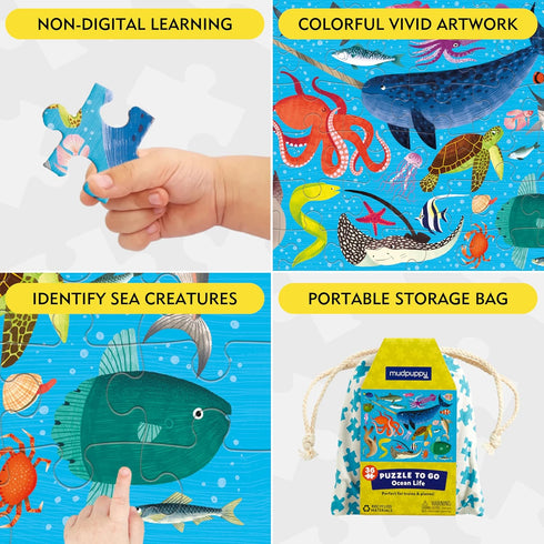 Mudpuppy Ocean Life Puzzle to Go, 36 Pieces, 12 x 9” – Great for Kids Age 3+ – Packaged in Travel-Friendly Drawstring Fabric Pouch – Perfect for A...
