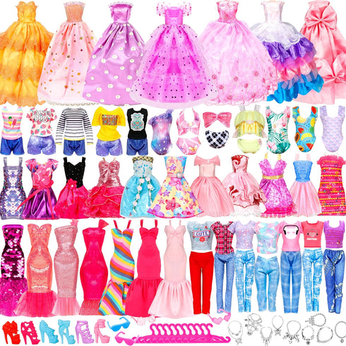 46 Pcs Doll Clothes and Accessories Kit, Including 2 Princess Gowns 4 Fashion Dresses 2 Tops 2 Pants 2 Bikini Swimsuits 10 Shoes 10 hangers 15 Jew...