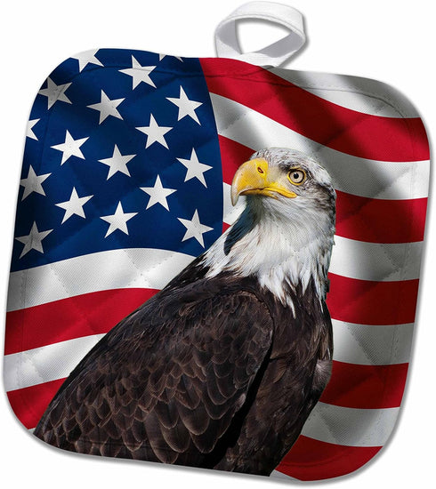 3D Rose American Flag USA Bald Eagle Patriotic Stars Stripes Pot Holder, 8 x 8...
