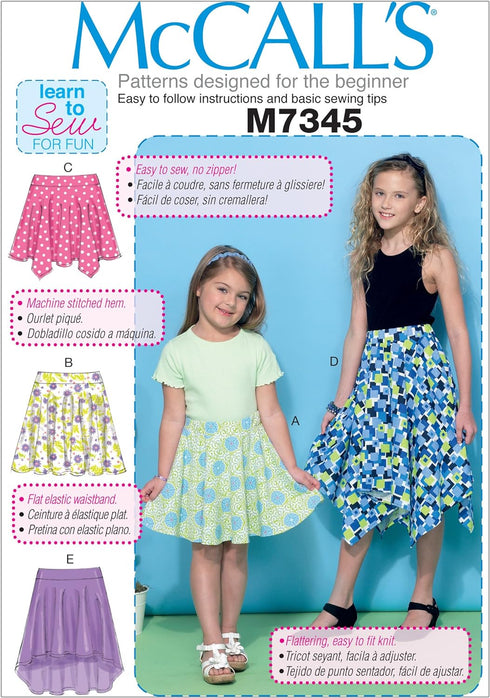 McCall's Patterns M7345 Children's/Girls' Straight, Handkerchief or High-Low Hem Skirts, CHJ (7-8-10-12-14)...