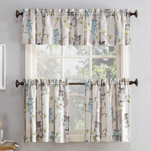 No. 918 Hoot Owl Print Semi-Sheer Rod Pocket Kitchen Curtain Valance, 56" x 14", Mocha...