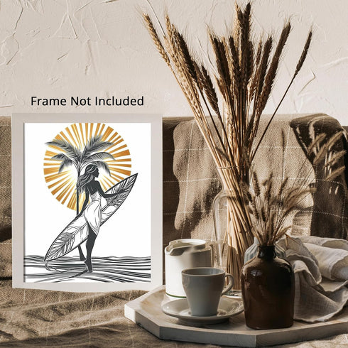 Posterizer 1 pcs-black and white art-woman at the beach with surfboard 1-Coastal & Nautical Art Gift for Nature, Surfers and Beach Lovers - unfra...