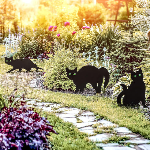 Pet Fit For Life Decorative Black Metal Cats for Outdoor Garden and Yard - Iron Silhouettes with Reflective Green Eyes - Set of 3 with Stakes and ...