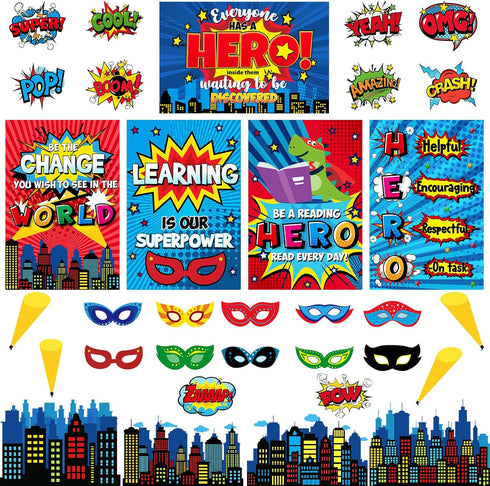 Outus 33 Pcs Hero Theme Classroom Decorations Bulletin Board Set Hero Posters and Banners Hero Sayings Cityscape Cutouts for Classroom Pre School ...