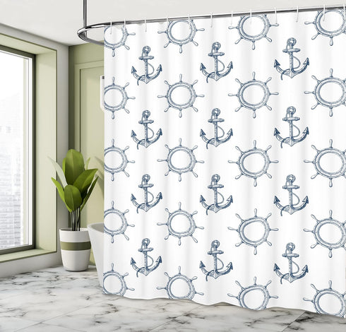Ambesonne Ships Wheel Shower Curtain, Anchors and Steering Wheels Pattern Pirates Sailors Marine Themed Print, Cloth Fabric Bathroom Decor Set wit...